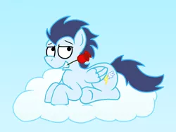 Size: 1024x767 | Tagged: artist:sketchymouse, bedroom eyes, cloud, derpibooru import, flower, looking at you, mouth hold, rose, safe, soarin', solo