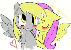 Size: 768x539 | Tagged: safe, artist:farfromserious, derpibooru import, derpy hooves, fluttershy, pegasus, pony, derpyshy, female, lesbian, mare, misspelling of you're, shipping