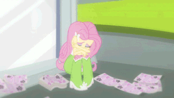 Size: 576x324 | Tagged: safe, derpibooru import, screencap, fluttershy, equestria girls, equestria girls (movie), animated, boots, clothes, crying, exploitable, flyer, gif, high heel boots, shoes, socks, solo, statue