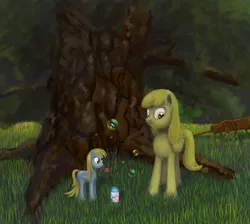 Size: 1587x1422 | Tagged: artist:wollw, derpibooru import, derpy hooves, derpy's mother, fanfic art, fanfic:bubbles, female, filly, safe, tree