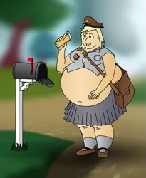 Size: 733x896 | Tagged: aderpose, artist:fatponysketches, bag, bbw, belly, big belly, derpibooru import, derpy hooves, fat, hat, human, humanized, letter, mail, mailbag, mailbox, obese, post, postman's hat, safe, solo, ssbbw
