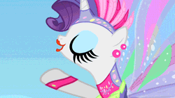 Size: 500x281 | Tagged: and then there's rarity, animated, clothes, derpibooru import, dress, fake eyelashes, fashion disaster, flying, glimmer wings, irony, lipstick, rarity, safe, screencap, solo, sonic rainboom (episode), tacky, wings