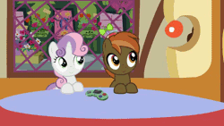 Size: 640x360 | Tagged: safe, artist:jan, derpibooru import, button mash, sweetie belle, earth pony, pony, unicorn, button's adventures, animated, brain freeze, colt, drink, female, filly, floppy ears, funny, funny as hell, hat, i can't believe it's not hasbro studios, male, milkshake, propeller hat, sugarcube corner, sweetie belle is not amused, table, unamused, youtube, youtube link