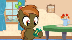 Size: 480x270 | Tagged: safe, artist:jan, derpibooru import, button mash, earth pony, pony, button's adventures, animated, colt, crying, happy, juice, juice box, male, solo