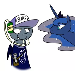 Size: 628x594 | Tagged: safe, artist:grilledcat, derpibooru import, princess luna, bat pony, pony, alcohol, baseball cap, beer, cap, clothes, drinking hat, flashlight (object), hat, night guard, shirt, simple background