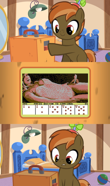 Size: 640x1080 | Tagged: questionable, artist:jan, derpibooru import, button mash, earth pony, human, pony, ball, bed, breasts, button's odd game, c64, card game, clothes, colt, exploitable meme, frown, gritted teeth, hat, irl, irl human, lamp, leotard, looking at you, male, meme, obligatory pony, open mouth, photo, pillow, playing card, poker, propeller hat, raised hoof, raised leg, sitting, smiling, solo, strip poker, strip poker: a sizzling game of chance, tv meme