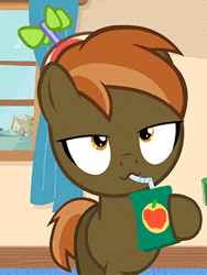Size: 266x353 | Tagged: safe, artist:jan, derpibooru import, button mash, earth pony, pony, button's adventures, animated, button, colt, gif, hat, hooves, juice, juice box, male, propeller hat, solo