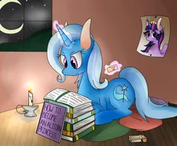 Size: 1024x844 | Tagged: safe, artist:celestial-voyager, derpibooru import, trixie, twilight sparkle, twilight sparkle (alicorn), alicorn, pony, book, crackers, female, food, mare, peanut butter, peanut butter crackers, solo