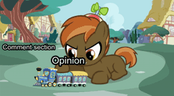 Size: 640x357 | Tagged: safe, artist:jan, derpibooru import, button mash, earth pony, pony, button's adventures, animated, colt, fire, floppy ears, foal, gif, hat, hooves, male, metaphor, metaphor gif, opinion, ponyville, prone, propeller hat, shocked, smiling, solo, spontaneous combustion, standing, teeth, train, tree