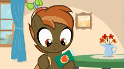 Size: 639x357 | Tagged: safe, artist:jan, derpibooru import, button mash, earth pony, pony, button's adventures, animated, colt, crying, foal, hat, hooves, juice, juice box, male, open mouth, ponyville, propeller hat, reaction image, solo
