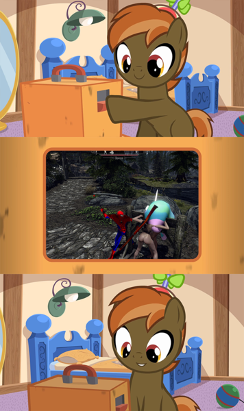 Size: 640x1080 | Tagged: suggestive, artist:jan, derpibooru import, button mash, princess celestia, earth pony, human, pony, ass, butt, button's odd game, comic, exploitable meme, meme, skyrim, spanking, spider-man, the elder scrolls