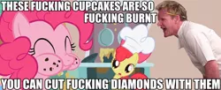 Size: 930x380 | Tagged: angry, apple bloom, caption, crossover, derpibooru import, gordon ramsay, hell's kitchen, image macro, pinkie pie, safe, text, vulgar