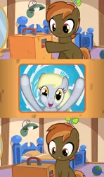 Size: 640x1080 | Tagged: safe, derpibooru import, button mash, derpy hooves, pegasus, pony, button's odd game, female, fourth wall, inverted mouth, mare, meme, smiling, underp