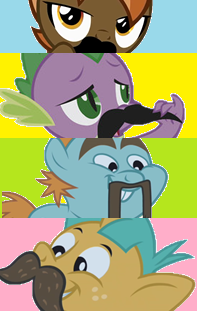 Size: 197x311 | Tagged: button mash, button 'stache, derpibooru import, facial hair, moustache, moustache crusaders, safe, snails, snips, spike