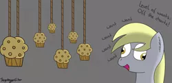 Size: 3000x1449 | Tagged: artist:regxy, derpibooru import, derpy hooves, food, muffin, safe, solo, trap (device)