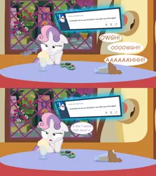 Size: 1280x1440 | Tagged: artist:jan, ask, ask the crusaders, brain freeze, button mash, button's adventures, derpibooru import, milkshake, safe, solo, sweetie belle, table, tumblr