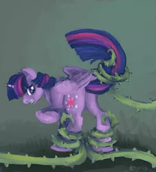 Size: 1423x1570 | Tagged: suggestive, artist:weepysheep, deleted from derpibooru, derpibooru import, twilight sparkle, twilight sparkle (alicorn), alicorn, pony, butt, danger, female, i've seen enough hentai to know where this is going, mare, ouch, plant, plot, tail, tail pull, tentacles, trapped