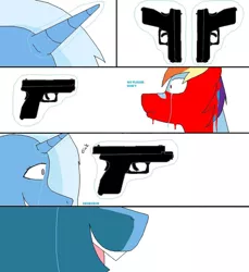 Size: 856x934 | Tagged: semi-grimdark, artist:kyuubichowderfan, derpibooru import, rainbow dash, trixie, pony, unicorn, comic:trixie's rage, blood, comic, crying, female, gun, imminent death, imminent murder, mare, weapon