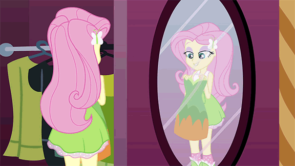 Size: 576x324 | Tagged: safe, derpibooru import, screencap, fluttershy, equestria girls, equestria girls (movie), animated, boots, carousel boutique, clothes, dress, high heel boots, mirror, shoes, skirt, sleeveless, socks, solo, strapless, tanktop, this is our big night