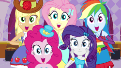 Size: 576x324 | Tagged: safe, derpibooru import, screencap, applejack, fluttershy, pinkie pie, rainbow dash, rarity, equestria girls, equestria girls (movie), animated, animation error, blinking, faic, fall formal outfits, humane five, humane five's encounter, implied hug, incoming hug, it's coming right at us, this is our big night, this will end well, welcome to the herd