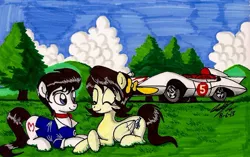 Size: 1280x805 | Tagged: safe, artist:newyorkx3, derpibooru import, ponified, pony, car, crossover, go mifune, mach go go go, michi shimura, speed racer, traditional art, trixie (speed racer)