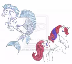 Size: 600x533 | Tagged: artist:spiritedlittlepony, derpibooru import, deviantart watermark, hippocampus, merpony, moondancer (g1), obtrusive watermark, safe, traditional art, watermark