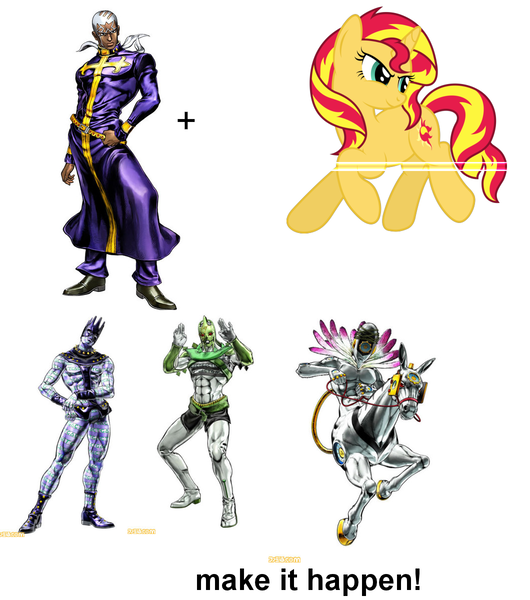 Size: 1060x1200 | Tagged: safe, derpibooru import, sunset shimmer, pony, c-moon, enrico pucci, exploitable meme, jojo's bizarre adventure, made in heaven, make it happen, meme, stairway to heaven, stand, whitesnake