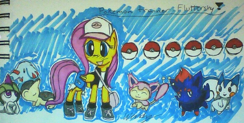 Size: 1114x563 | Tagged: artist:hobowendy, crossover, cyndaquil, derpibooru import, fluttershy, pachirisu, phanpy, pokémon, ralts, safe, skitty, traditional art, zorua