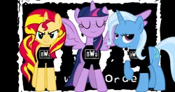 Size: 1300x683 | Tagged: safe, derpibooru import, sunset shimmer, trixie, twilight sparkle, twilight sparkle (alicorn), alicorn, pony, counterparts, female, magical trio, mare, new world order, nwo, sports, twilight's counterparts, wcw, wrestling