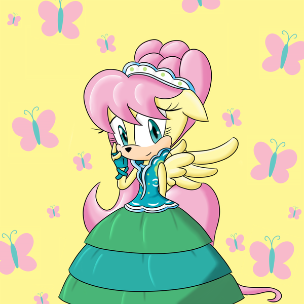Size: 1000x1000 | Tagged: anthro, artist:13throse, clothes, derpibooru import, dress, fluttershy, green isn't your color, modelshy, safe, solo, sonicified, sonic the hedgehog (series), species swap, style emulation