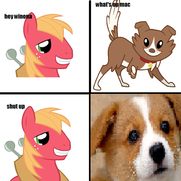 Size: 700x700 | Tagged: safe, derpibooru import, big macintosh, winona, corgi, dog, earth pony, pony, comic, jacques, jontron, king's quest v + mailmen, male, stallion, wat