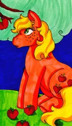 Size: 346x600 | Tagged: apple, applejack (g1), artist:skypinpony, derpibooru import, food, g1, safe, sitting, solo, traditional art