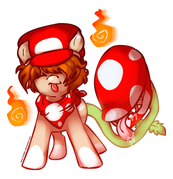 Size: 773x800 | Tagged: artist:endber, artist:sushistarbomb, augmented tail, cap, derpibooru import, fireball, hat, mario, mario's hat, monster pony, oc, oc:8-bit, original species, piranha plant, piranha plant pony, plant, plant pony, safe, solo, super mario bros., unofficial characters only, video game