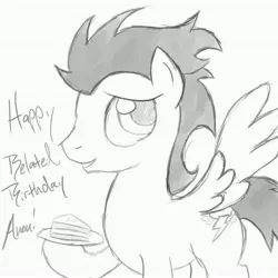 Size: 4608x4608 | Tagged: absurd resolution, artist:ms luna, birthday, derpibooru import, food, happy birthday, hoof hold, looking at you, monochrome, pie, safe, smiling, soarin', solo, that pony sure does love pies