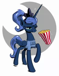 Size: 1545x2000 | Tagged: alternate hairstyle, anti-bronybait, artist:thedrainpipe, brony, clothes, cute, derpibooru import, female, food, luna's shirt, magic shirt, popcorn, princess luna, shirt, solo, solo female, suggestive, u mad, vulgar