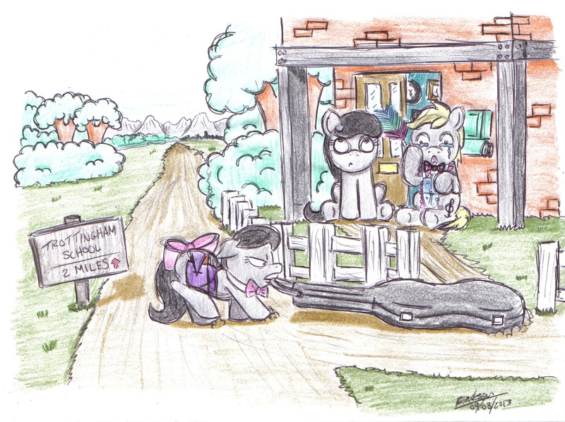 Size: 2449x1830 | Tagged: safe, artist:bobthedalek, derpibooru import, octavia melody, oc, oc:mixed melody, oc:octavia's father, oc:octavia's mother, oc:ostinato melody, earth pony, pony, bow, female, filly, house, musical instrument, origins, parent, struggling, tail bow, traditional art, trottingham, younger