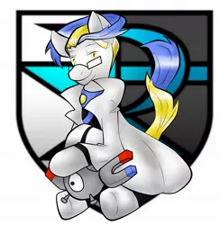 Size: 1277x1310 | Tagged: safe, derpibooru import, ponified, magnemite, pony, clothes, colress, glasses, male, multicolored hair, pokémon, stallion, symbol