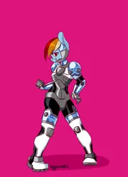 Size: 2231x3099 | Tagged: anthro, artist:eggsammich, crossover, cyborg (teen titans), derpibooru import, maretropolis, rainbow dash, robot, safe, solo, teen titans