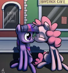 Size: 1280x1371 | Tagged: safe, artist:rwl, derpibooru import, pinkie pie, twilight sparkle, twilight sparkle (alicorn), alicorn, pony, eyes closed, female, kissing, lesbian, mare, nose kiss, shipping, twinkie