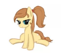 Size: 1003x861 | Tagged: safe, derpibooru import, oc, oc:cream heart, unofficial characters only, earth pony, pony, button's adventures, cute, female, filly, hooves, mare, ponytail, simple background, sitting, solo, teeth, white background