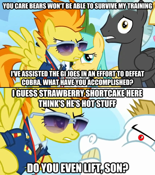 Size: 625x705 | Tagged: bulk biceps, caption, derpibooru import, do you even lift, hub crossover, image macro, meadow flower, meme, mercury, milky way, safe, spitfire, starry eyes (character), sunglasses, sunshower raindrops, text, thunderlane, wonderbolts academy