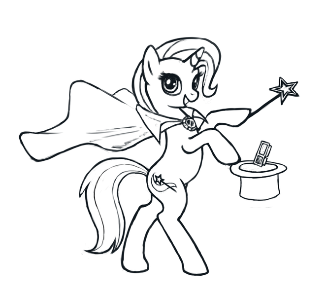 Size: 978x886 | Tagged: safe, artist:choedan-kal, derpibooru import, trixie, pony, bipedal, cape, clothes, crackers, food, hat, monochrome, peanut butter, peanut butter crackers, solo, top hat, trixie's cape, wand