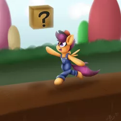 Size: 3000x3000 | Tagged: artist:skybrush-viffex, ? block, clothes, derpibooru import, hat, high res, mario, nintendo, parody, safe, scootaloo, solo, super mario bros.