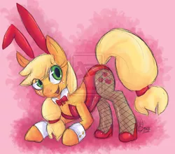 Size: 1024x901 | Tagged: applejack, artist:wickedqueenv, bunnyjack, bunny suit, clothes, cufflinks, cuffs (clothes), dead source, derpibooru import, deviantart watermark, female, fishnets, leotard, obtrusive watermark, playboy bunny, solo, solo female, suggestive, watermark