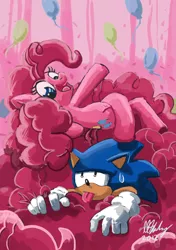 Size: 1748x2480 | Tagged: safe, artist:projectzuel, derpibooru import, pinkie pie, balloon, crossover, happy, open mouth, sonic the hedgehog, sonic the hedgehog (series), sweat, sweatdrop, tongue out