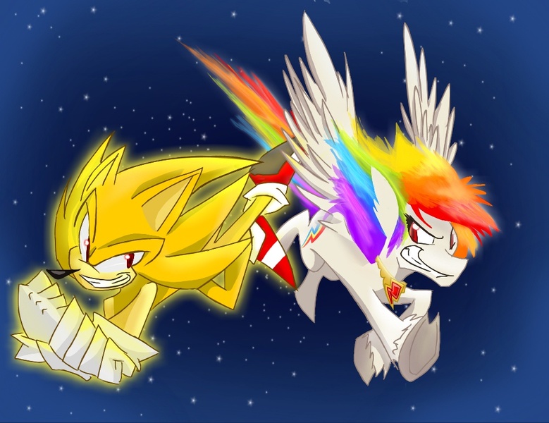 Size: 1000x770 | Tagged: artist:belen-1999, crossover, derpibooru import, rainbow dash, safe, sonic the hedgehog, sonic the hedgehog (series), super rainbow dash, super sonic