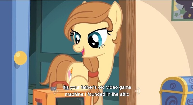 Size: 853x467 | Tagged: safe, derpibooru import, edit, edited screencap, screencap, oc, oc:cream heart, unofficial characters only, earth pony, pony, button's adventures, caption, cutie mark, female, hooves, mare, meme, open mouth, solo, subtitles, text, youtube caption