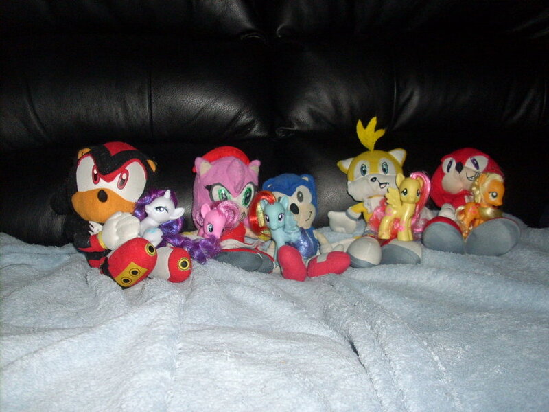 Size: 900x675 | Tagged: amy rose, applejack, artist:missluckychan29, crossover, derpibooru import, fluttershy, irl, knuckles the echidna, miles "tails" prower, photo, pinkie pie, plushie, rainbow dash, rarity, safe, shadow the hedgehog, sonic the hedgehog, sonic the hedgehog (series), toy