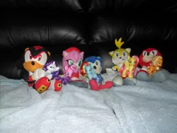 Size: 900x675 | Tagged: amy rose, applejack, artist:missluckychan29, crossover, derpibooru import, fluttershy, irl, knuckles the echidna, miles "tails" prower, photo, pinkie pie, plushie, rainbow dash, rarity, safe, shadow the hedgehog, sonic the hedgehog, sonic the hedgehog (series), toy