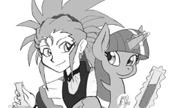 Size: 1000x624 | Tagged: safe, artist:dj-black-n-white, derpibooru import, twilight sparkle, twilight sparkle (alicorn), alicorn, pony, crossover, monochrome, science, tenchi muyo, washu